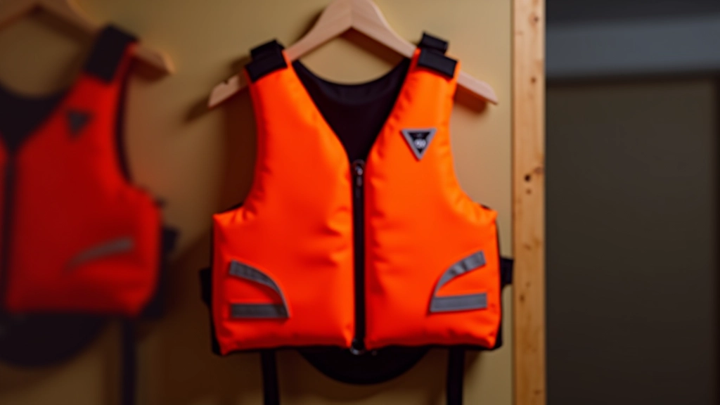 Orange and black life jacket with reflective strips hanging on rack, ready for use