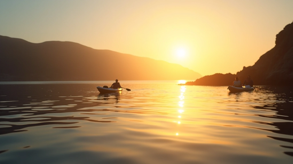 Early morning golden sunlight reflecting off calm bay water with distant rocky coastline