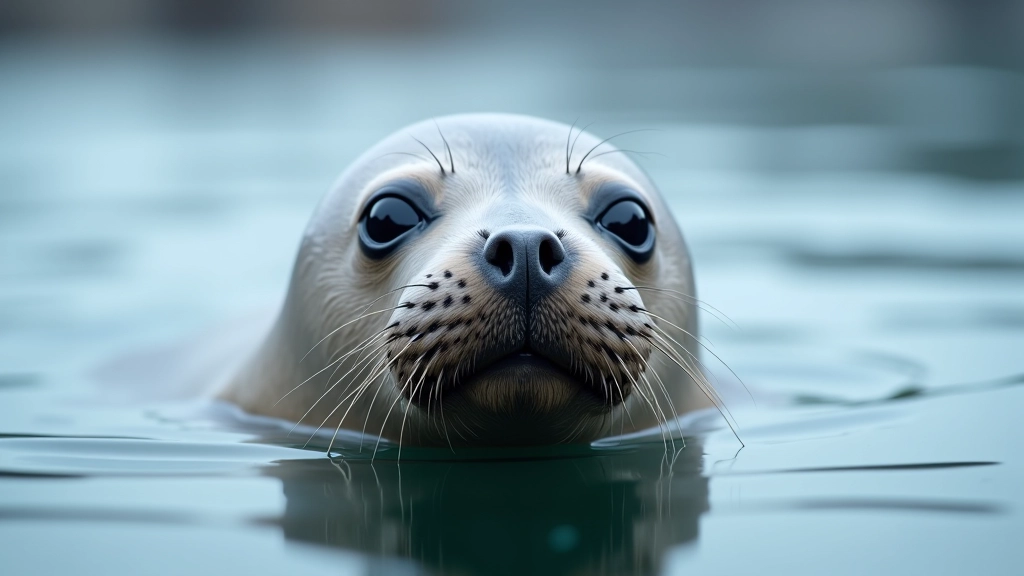 Gray seal's head emerging from water looking directly at camera with intelligent expression