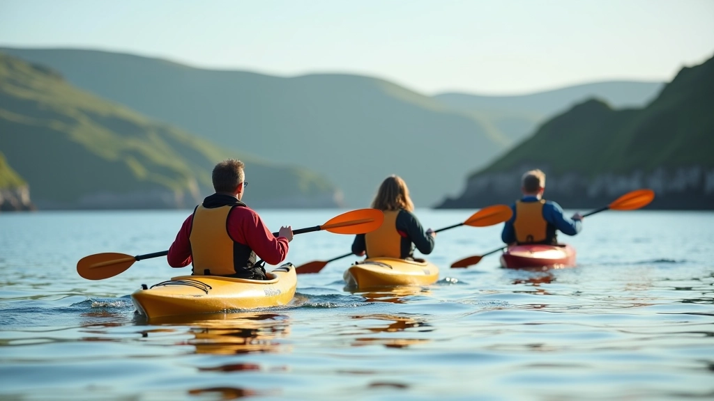 Group of kayakers paddling in formation across calm blue water with green hillside in background
