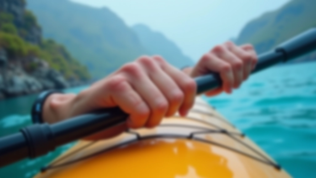 Close-up of paddler's hands demonstrating correct grip position on kayak paddle, showing relaxed hand placement and blade angle