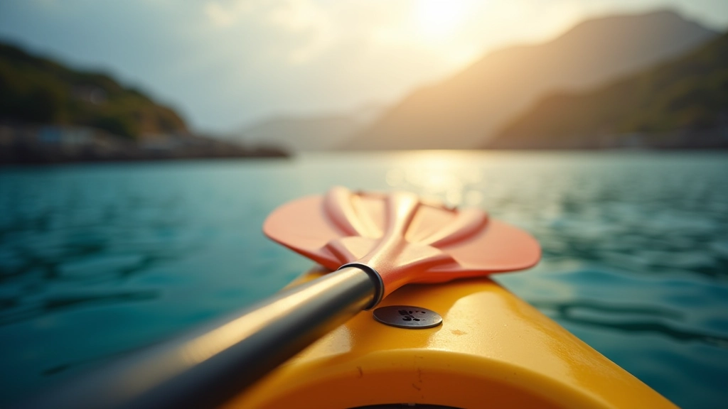 Close-up of kayak paddle resting across boat with calm blue water visible below