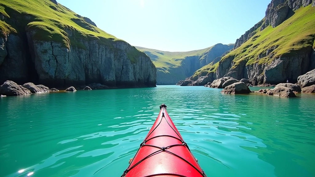 Paddler in red kayak on calm water with rocky cove surrounded by green cliffs and scattered boulders