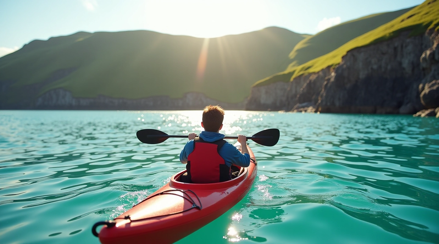 Kayaker paddling through calm turquoise waters near rocky cliffs and green hillsides of Dingle Peninsula