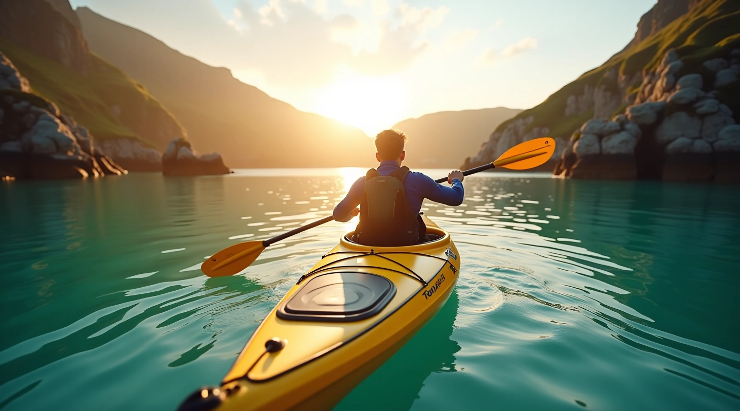 Kayaker paddling in calm sheltered bay with dramatic coastal cliffs and blue water under clear sky