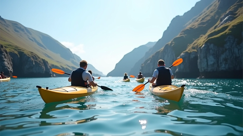 Group of kayakers paddling together in sheltered bay with rocky coastline and cliffs in background, scenic Dingle Peninsula landscape