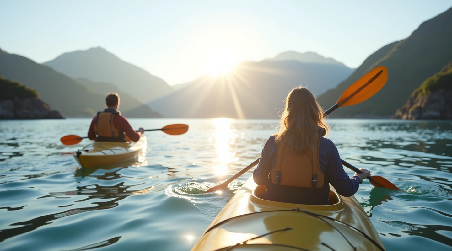 Kayakers paddling through sheltered waters of Dingle Peninsula with mountain backdrop