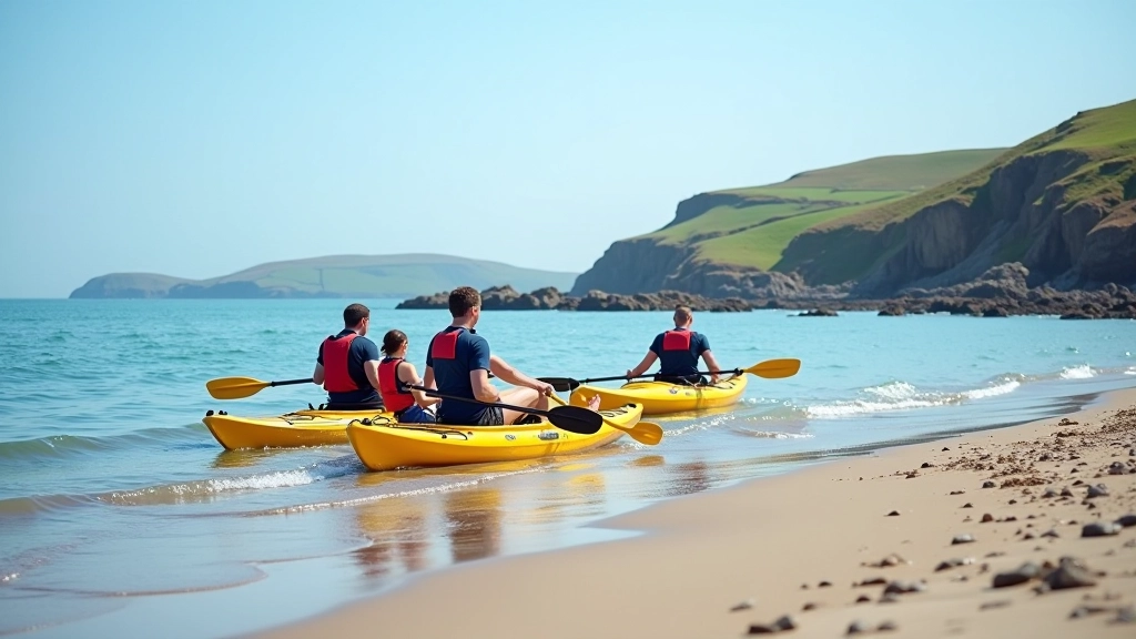 Kayakers returning to shore at end of half-day trip, paddling toward sandy beach with guide leading the group, calm waters and coastal landscape