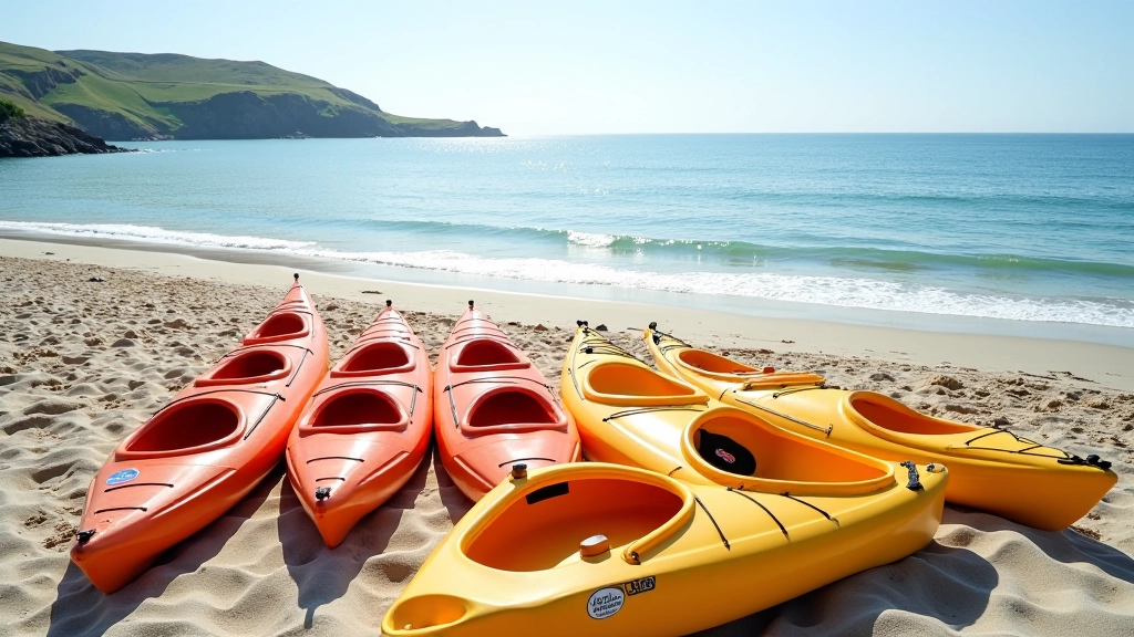 Aerial view of kayaks lined up on sandy beach with sheltered bay and headland visible