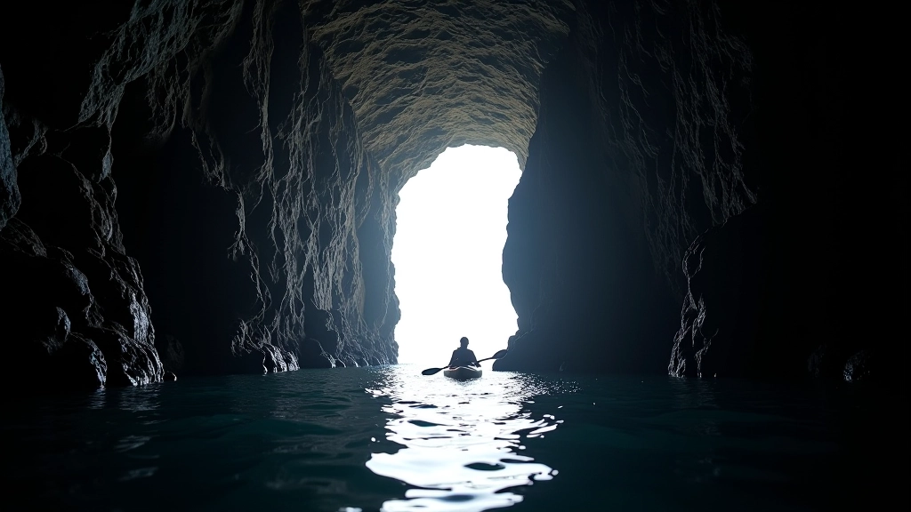 Kayak paddlers exploring narrow sea cave entrance with dark water and rocky limestone walls
