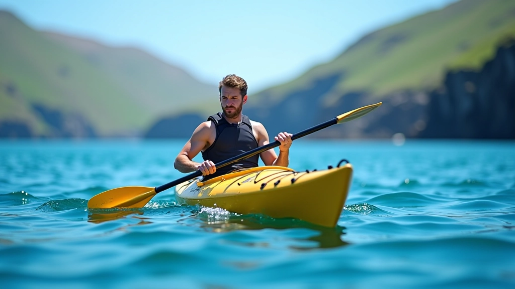 Kayaker mid-paddle stroke on calm sheltered bay water, demonstrating forward stroke technique with proper torso rotation