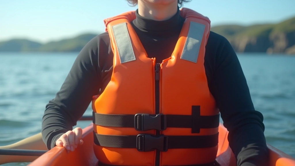 Person in bright orange life jacket and wetsuit sitting in stable kayak on calm water