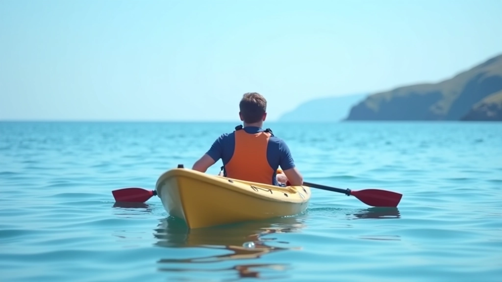 Kayaker sitting upright in sea kayak with engaged core posture, hands positioned correctly on paddle, calm bay water in background